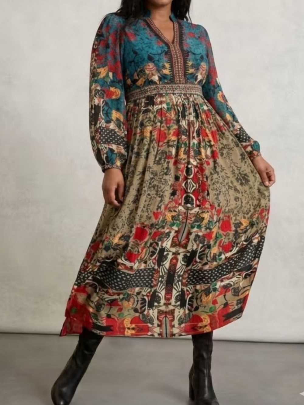 Bhanuni by Jyoti Anthropologie's Patterned Maxi Dress Gem adorned V neck Sz 18 W